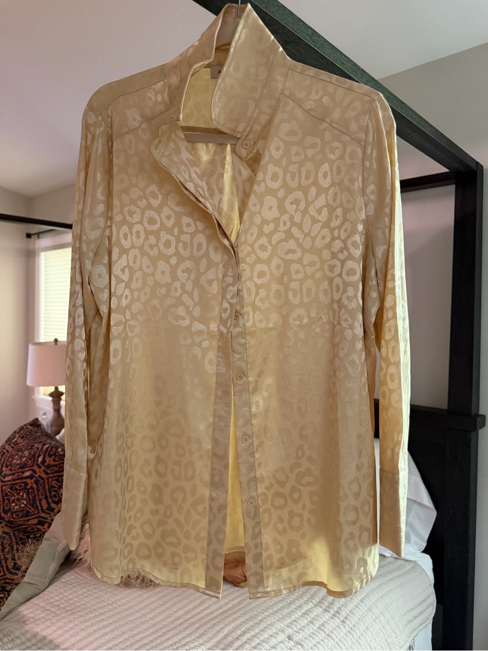 Silky Pale Gold Leopard-Print Button-Down Shirt